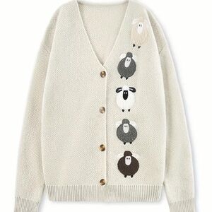 Sheep Embroidered Cream Cardigan